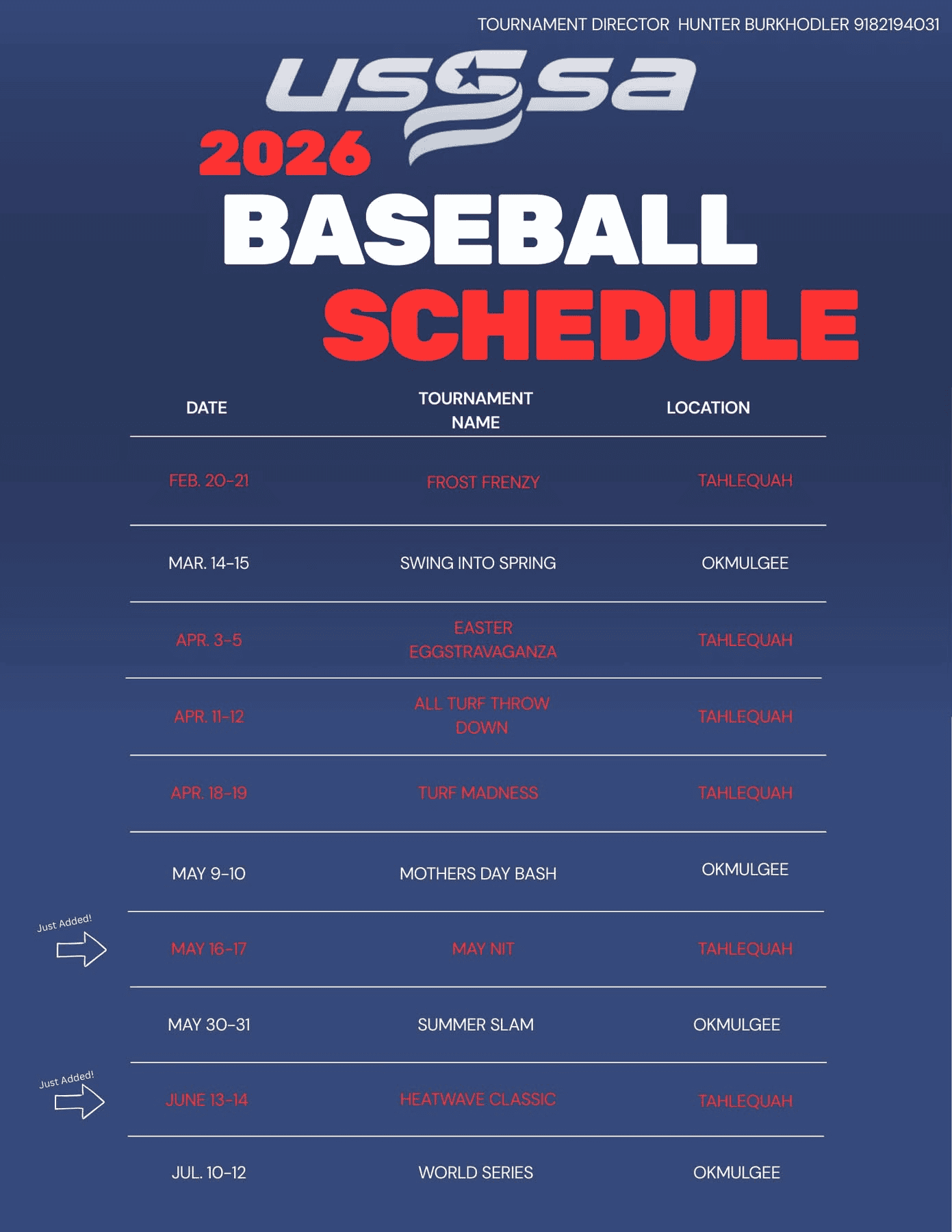 The image contains a schedule of the USSSA 2026 Baseball Schedule.